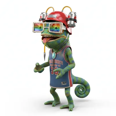 Fleet Topaz, goofy, with jungle colors, wearing beer hat, kaleidoscope eyes, dressed in sports jersey, holding none, From Portland, OR - Create yours free at QR Chameleon