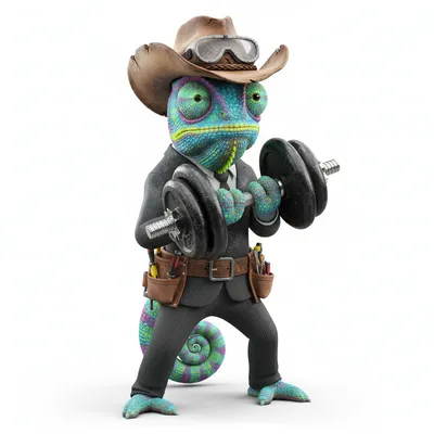 Neon Hustler, adventurous, with neon colors, wearing cowboy hat, safety goggles, dressed in business suit, holding dumbbell, From Bend, OR - Create yours free at QR Chameleon