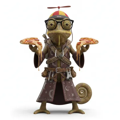 Scholastic Summit, heroic, with earth colors, wearing propeller hat, nerd glasses, dressed in wizard robes, holding pizza, From Sundergarh, OD - Create yours free at QR Chameleon