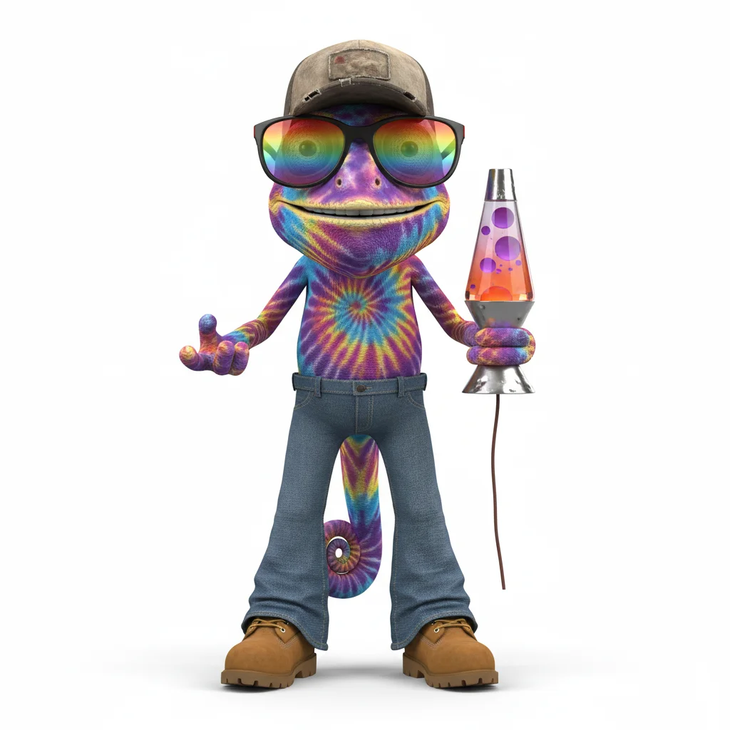 Pixel Soul, friendly, with tie dye colors, wearing baseball cap, athletic shades, dressed in bell bottoms, holding lava lamp, From Medina, OH - Create yours free at QR Chameleon