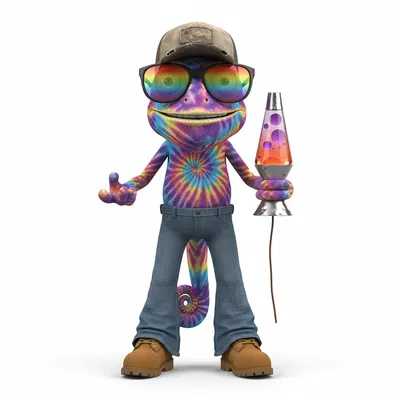Pixel Soul, friendly, with tie dye colors, wearing baseball cap, athletic shades, dressed in bell bottoms, holding lava lamp, From Medina, OH - Create yours free at QR Chameleon