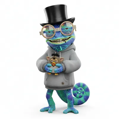 Groovy Cipher, chill, with bioluminescent colors, wearing top hat, kaleidoscope eyes, dressed in hoodie, holding furby, From Bend, OR - Create yours free at QR Chameleon