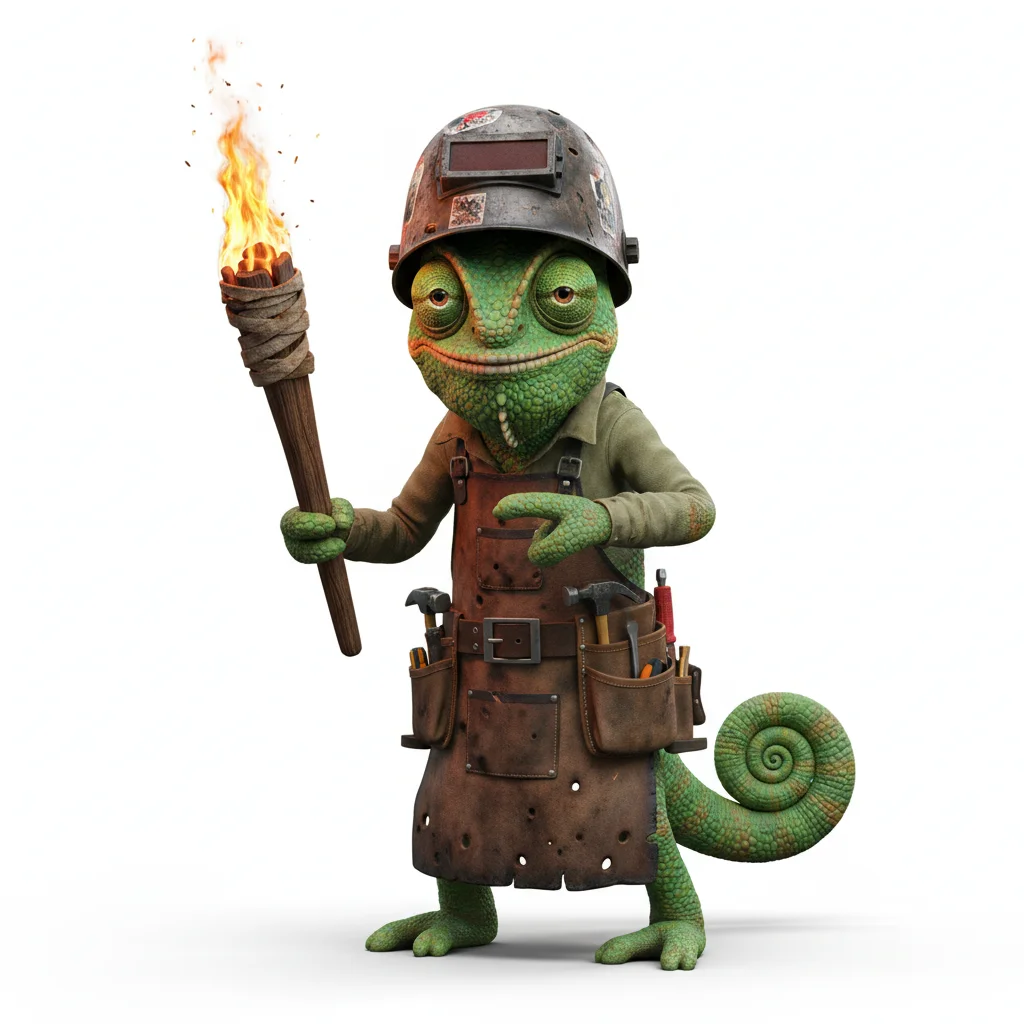 Crimson Baron, mischievous, with jungle colors, wearing welding helmet, none, dressed in welding gear, holding flaming torch, From Raleigh, NC - Create yours free at QR Chameleon