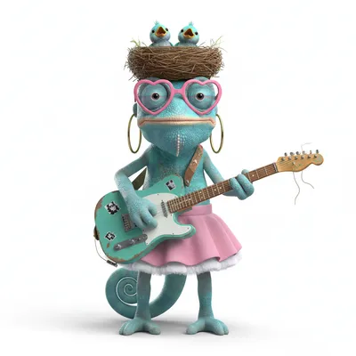Serene Wavelength, calm, with ocean colors, wearing birds nest, heart glasses, dressed in poodle skirt, holding guitar, From Turner, OR - Create yours free at QR Chameleon