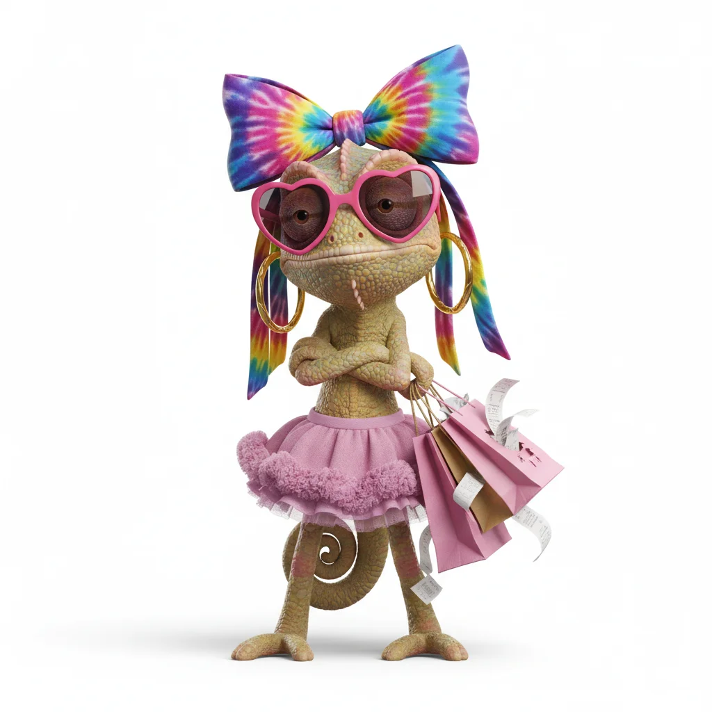 Bold Topaz, rebel, with tie dye colors, wearing bow, heart glasses, dressed in poodle skirt, holding shopping bags, From Turner, OR - Create yours free at QR Chameleon