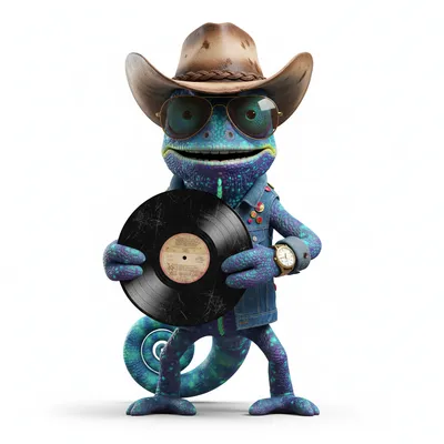 Neon Drifter, adventurous, with bioluminescent colors, wearing cowboy hat, aviators, dressed in jean jacket, holding vinyl record, From Morton Grove, IL - Create yours free at QR Chameleon