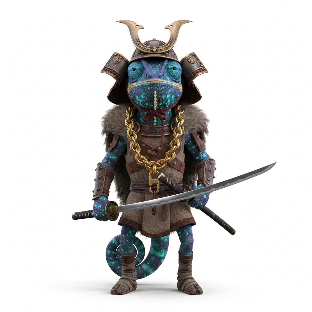 Witty Blossom, royal, with bioluminescent colors, wearing samurai kabuto, none, dressed in viking outfit, holding katana, From Phoenix, AZ - Create yours free at QR Chameleon