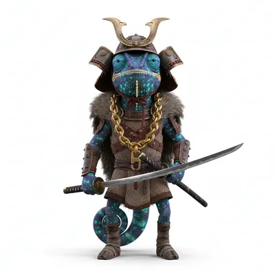 Witty Blossom, royal, with bioluminescent colors, wearing samurai kabuto, none, dressed in viking outfit, holding katana, From Phoenix, AZ - Create yours free at QR Chameleon