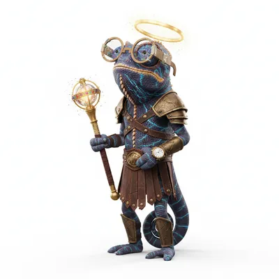 Graceful Kiwi, dreamy, with storm colors, wearing halo, kaleidoscope eyes, dressed in gladiator armor, holding royal scepter, From Phoenix, AZ - Create yours free at QR Chameleon