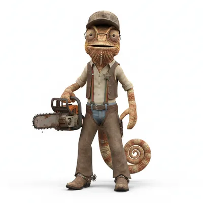 Wonderful Nitro, curious, with desert colors, wearing baseball cap, reading glasses, dressed in cowboy outfit, holding chainsaw, From Turner, OR - Create yours free at QR Chameleon