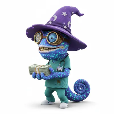 Pearl Riff, chill, with bioluminescent colors, wearing wizard hat, time traveler goggles, dressed in medical scrubs, holding cash, From Portland, OR - Create yours free at QR Chameleon