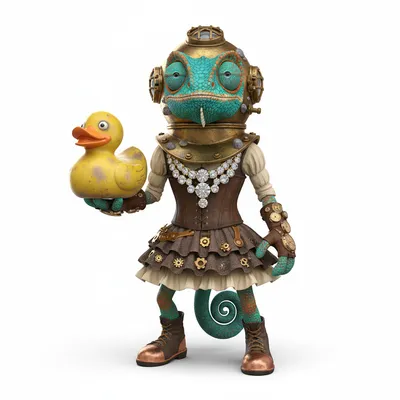 Mountain Spirit, mysterious, with vibrant colors, wearing diving bell, none, dressed in steampunk outfit, holding rubber duck, From Boston, MA - Create yours free at QR Chameleon