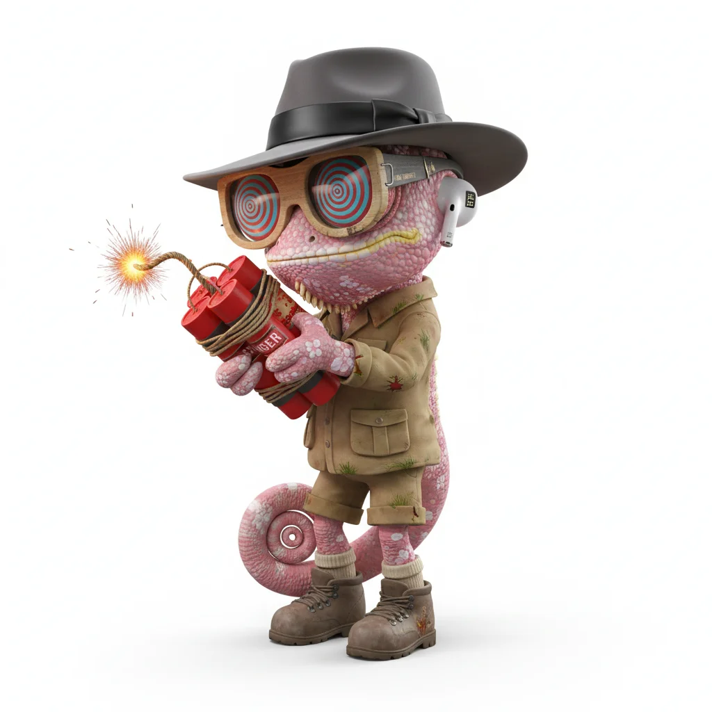 Leafy Indigo, shy, with cherry blossom colors, wearing fedora, xray specs, dressed in safari outfit, holding dynamite bundle, From Miami, FL - Create yours free at QR Chameleon