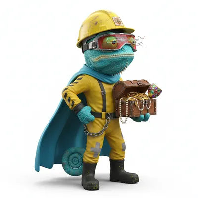 Shimmery Captain, heroic, with ocean colors, wearing hardhat, cyberpunk visor, dressed in hazmat suit, holding treasure chest, From Sydney, Australia - Create yours free at QR Chameleon