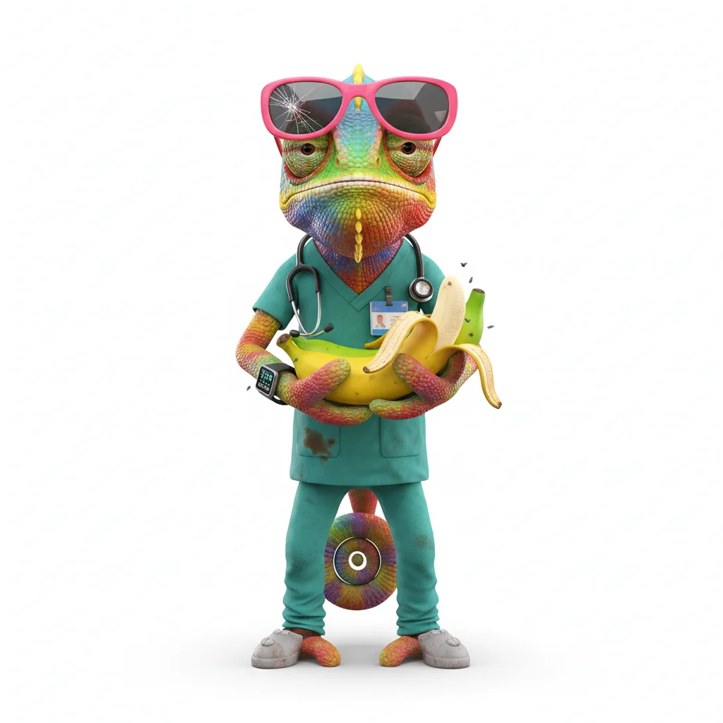 Sunny Indigo, chill, with rainbow colors, wearing none, flipup shades, dressed in medical scrubs, holding banana bunch, From Boston, MA - Create yours free at QR Chameleon