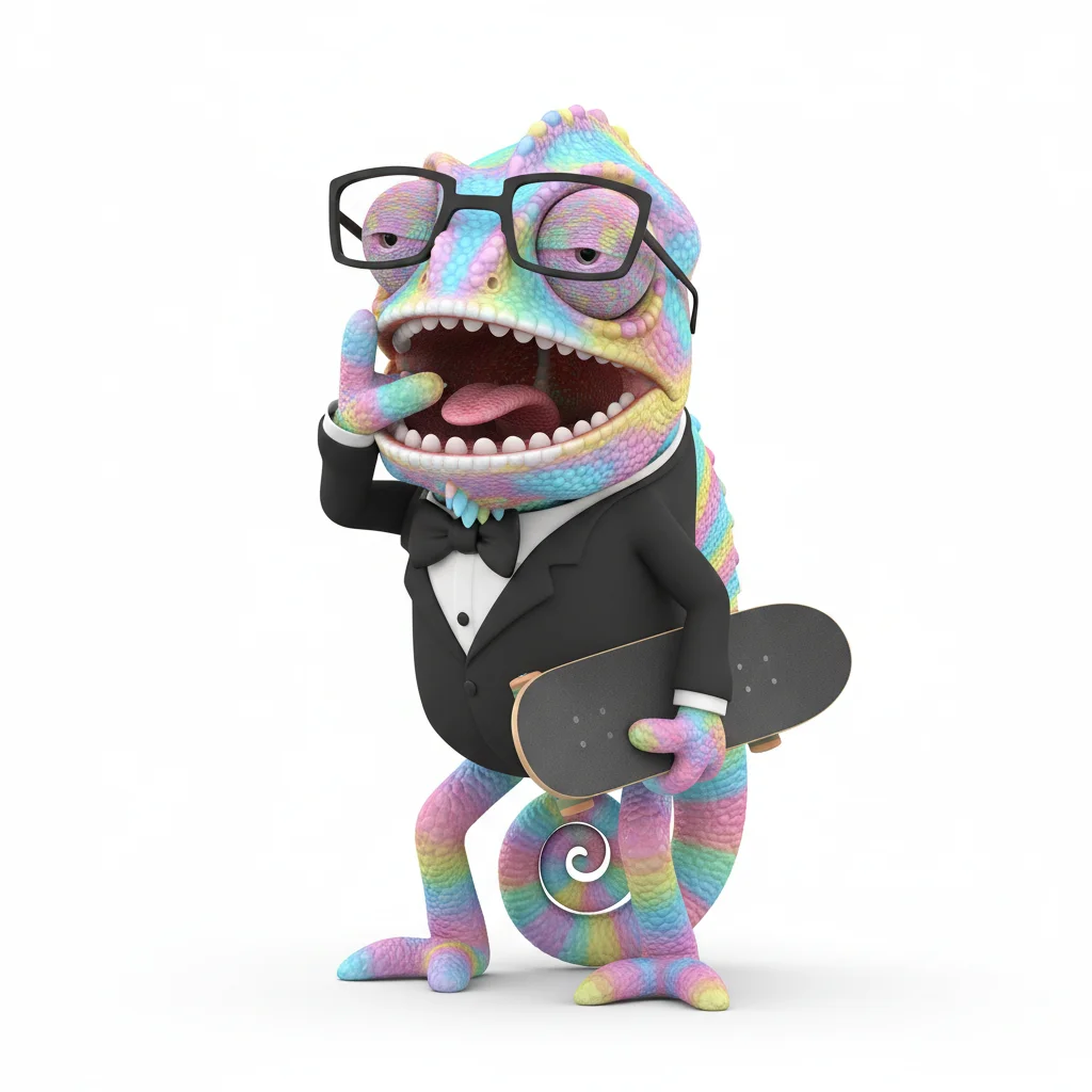 Kind Byte, sleepy, with candy colors, wearing none, reading glasses, none, dressed in tuxedo, holding skateboard, From Copenhagen, Denmark - Create yours free at QR Chameleon