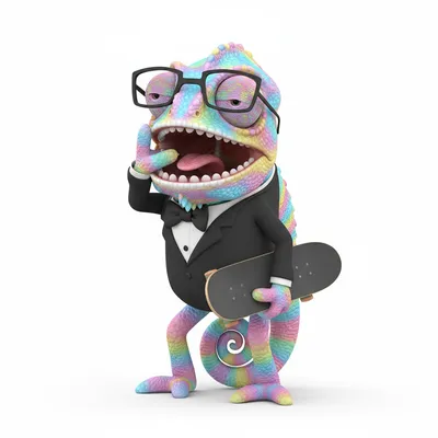 Kind Byte, sleepy, with candy colors, wearing none, reading glasses, none, dressed in tuxedo, holding skateboard, From Copenhagen, Denmark - Create yours free at QR Chameleon