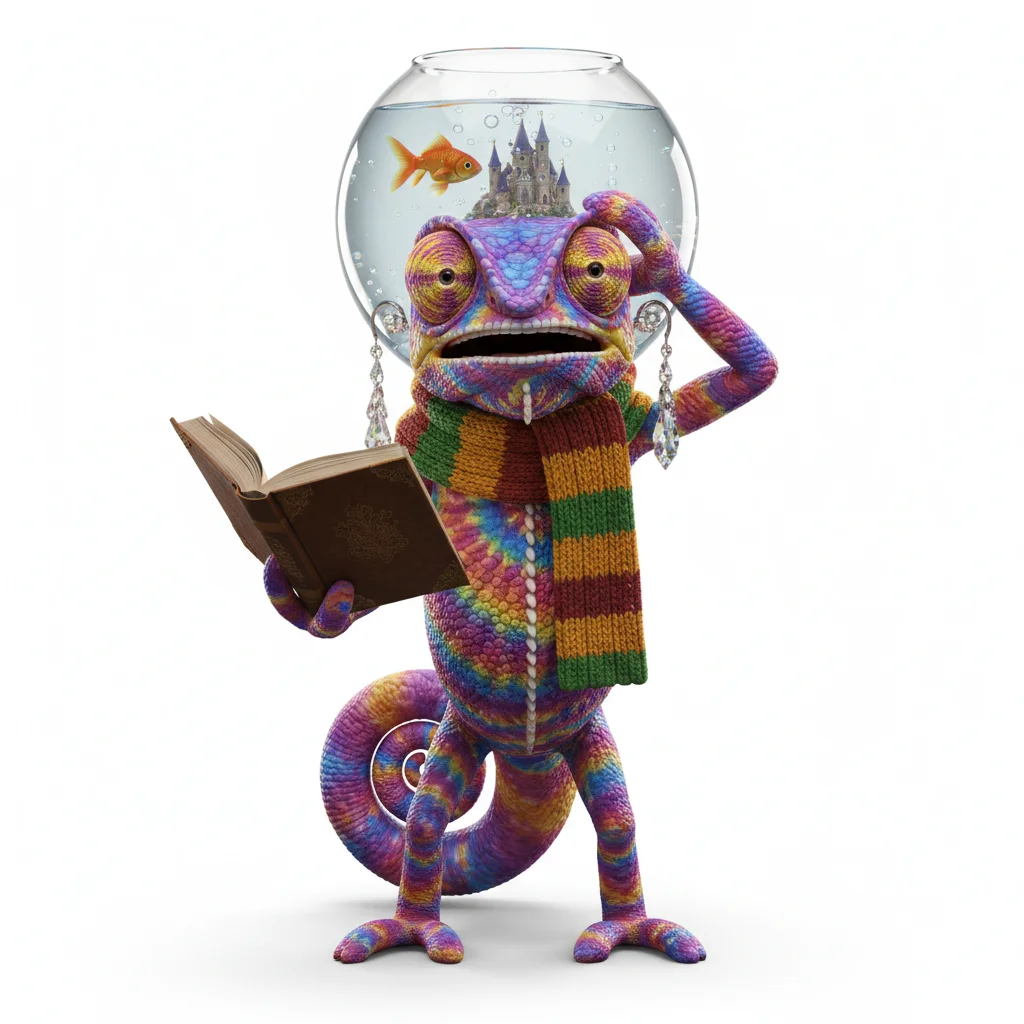 Zesty Ace, dramatic, with tie dye colors, wearing fishbowl, none, earrings, dressed in scarf, holding book, From Cape Town, South Africa - Create yours free at QR Chameleon