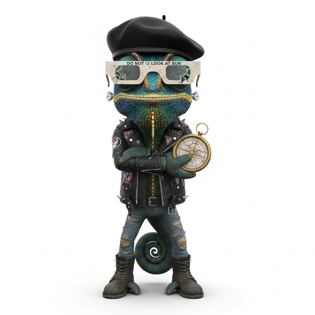 Crimson Moss, smug, with peacock colors, wearing beret, eclipse glasses, dressed in punk outfit, holding compass, From London, UK - Create yours free at QR Chameleon