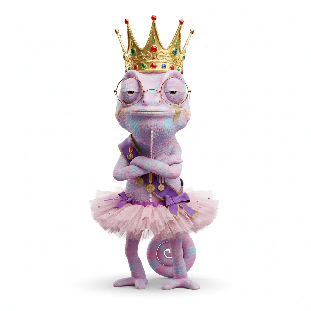 Mossy Crystal, smug, with cotton candy colors, wearing crown, granny glasses, dressed in tutu, holding none, From Auckland, New Zealand - Create yours free at QR Chameleon