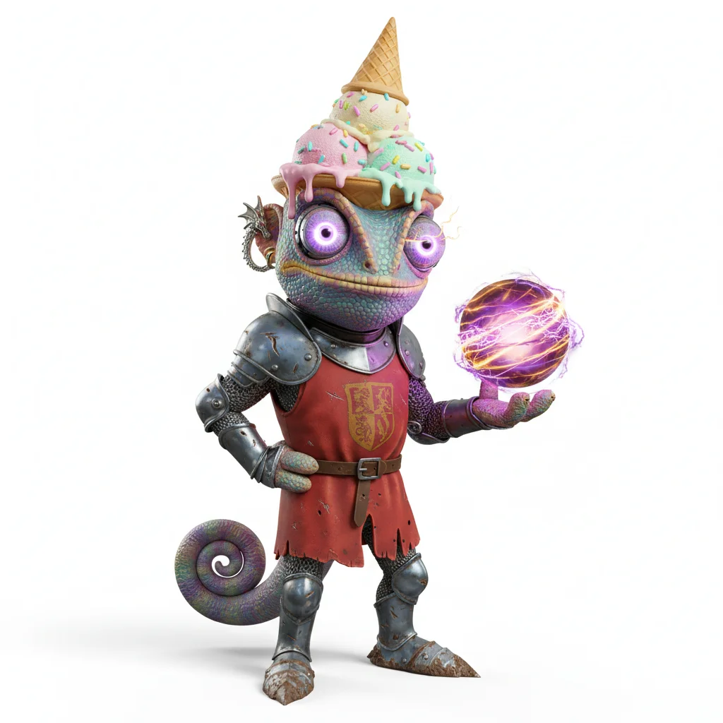 Swirly Lion, sassy, with holographic colors, wearing ice cream, robot eyes, dressed in knight armor, holding glowing orb, From Austin, TX - Create yours free at QR Chameleon