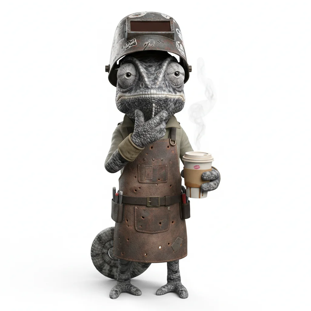 Peppy Baron, wise, with monochrome colors, wearing welding helmet, none, dressed in welding gear, holding coffee cup, From Tokyo, Japan - Create yours free at QR Chameleon