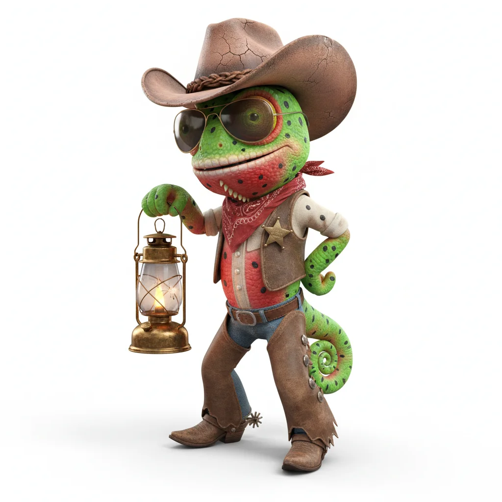 Vivid Kiwi, playful, with watermelon colors, wearing cowboy hat, aviators, dressed in cowboy outfit, holding old lantern, From Sydney, Australia - Create yours free at QR Chameleon