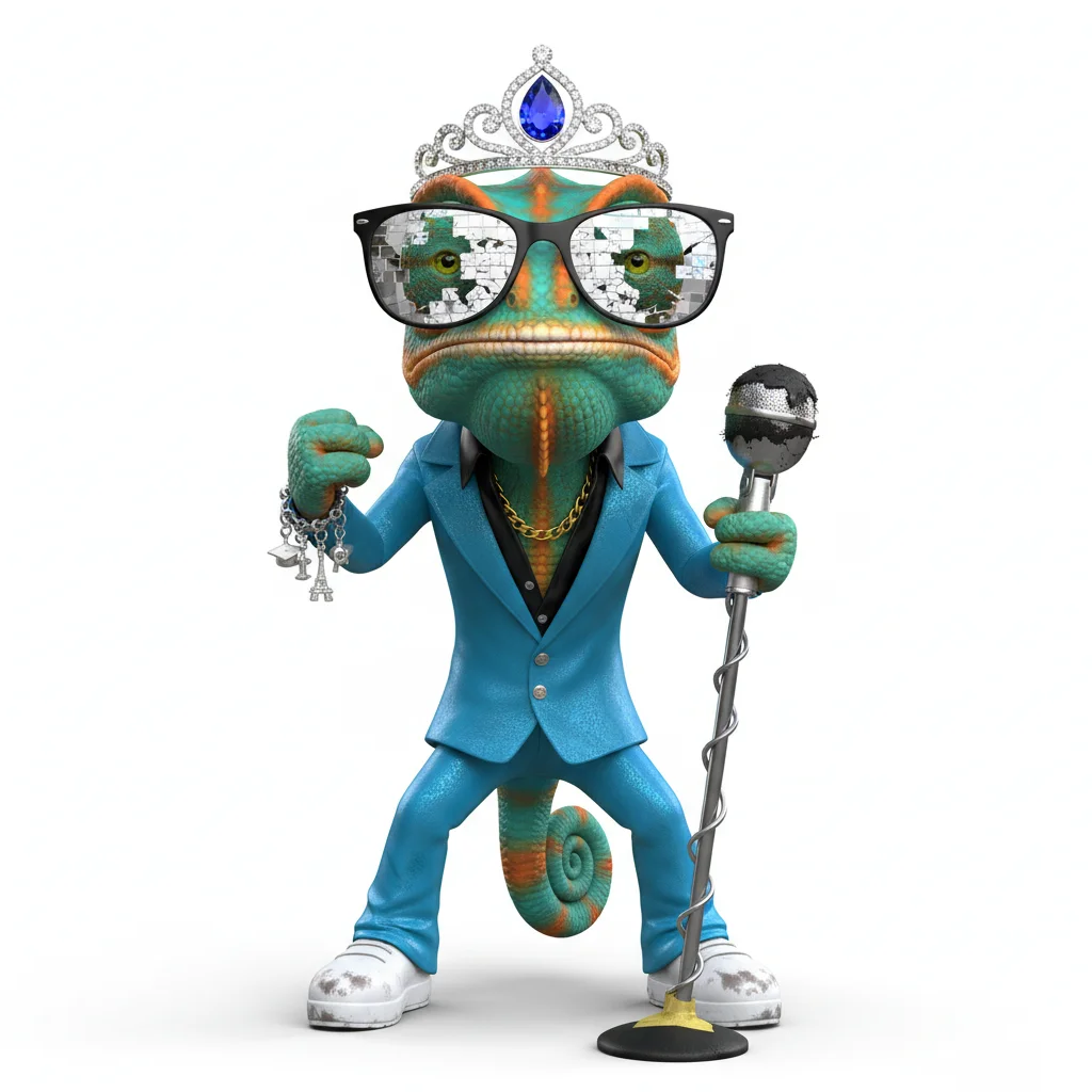 Delightful Guide, fierce, with vibrant colors, wearing tiara, disco ball glasses, dressed in disco suit, holding microphone, From Vancouver, Canada - Create yours free at QR Chameleon