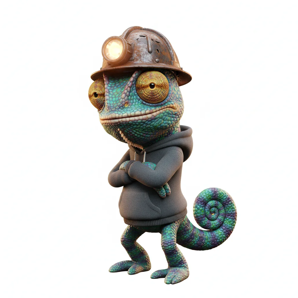 Jade Bean, smug, with aurora colors, wearing miners helmet, none, none, dressed in hoodie, holding none, From Dubai, UAE - Create yours free at QR Chameleon