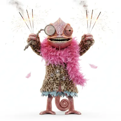 Zesty Tango, excited, with rose gold colors, wearing none, lorgnette, dressed in fur coat, holding sparklers, From London, UK - Create yours free at QR Chameleon