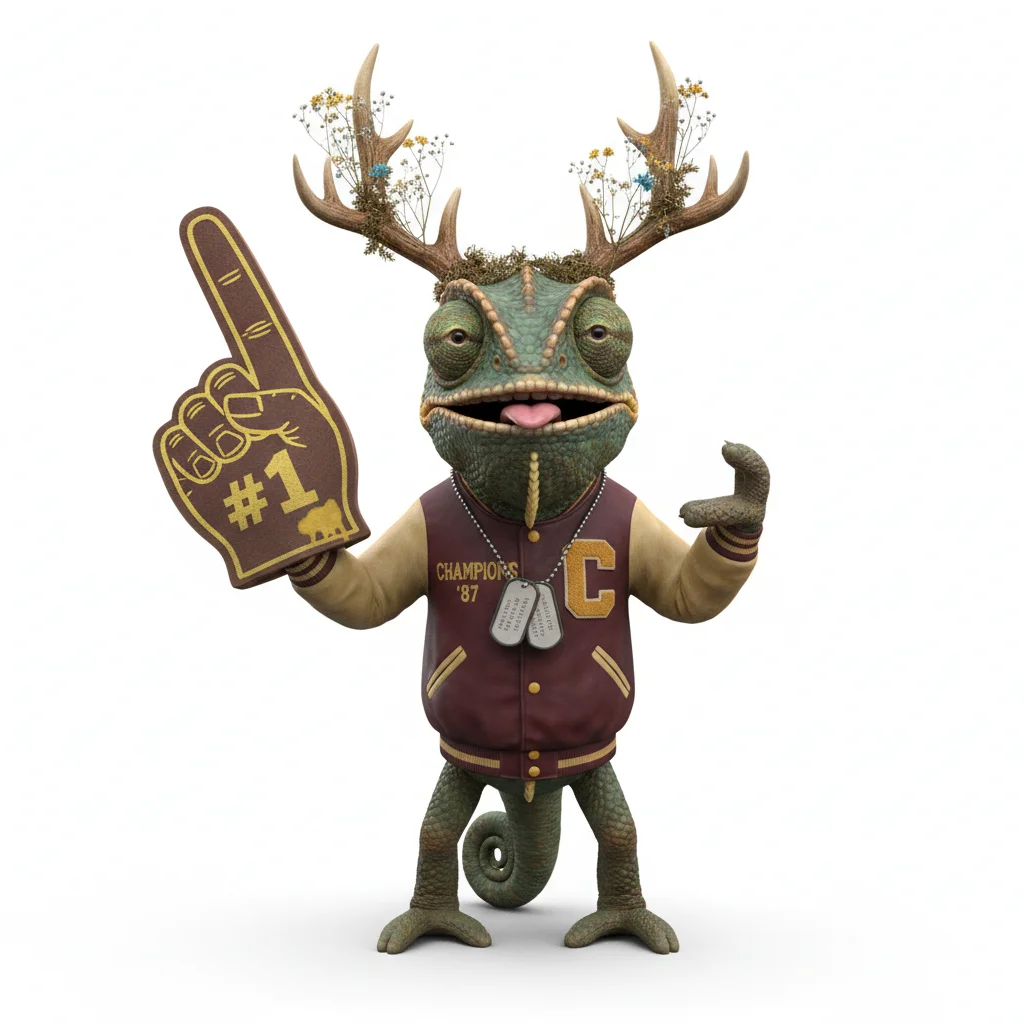 Cosmic Flint, goofy, with forest colors, wearing antlers, none, dressed in letterman jacket, holding foam finger, From Cape Town, South Africa - Create yours free at QR Chameleon