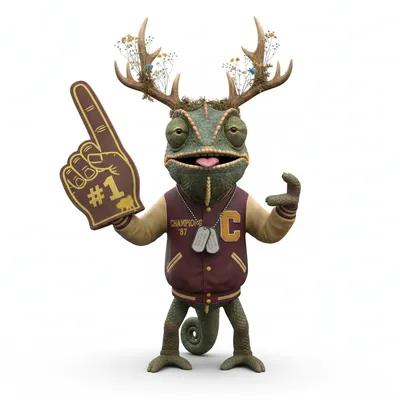 Cosmic Flint, goofy, with forest colors, wearing antlers, none, dressed in letterman jacket, holding foam finger, From Cape Town, South Africa - Create yours free at QR Chameleon