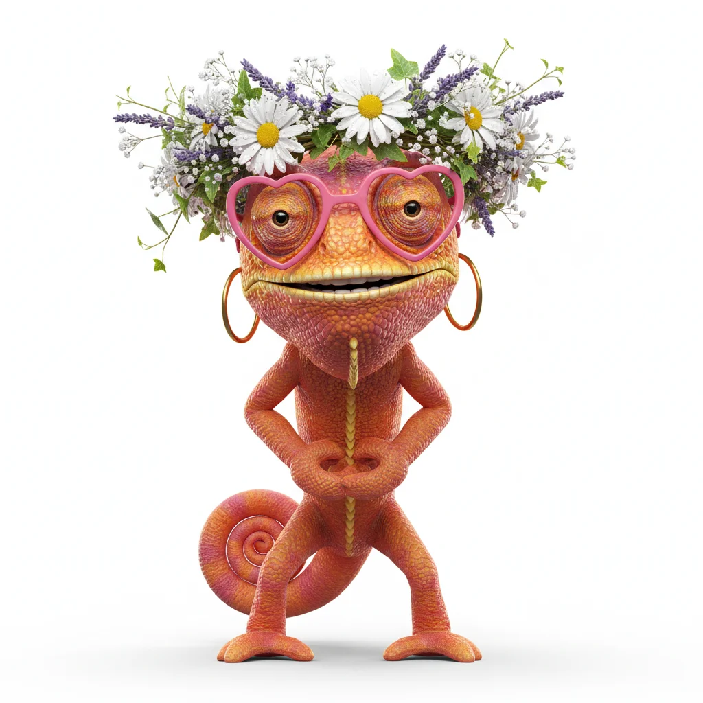 Frosty Pepper, playful, with sunset colors, wearing flower crown, heart glasses, hoop earrings, dressed in none, holding bouquet, From Amsterdam, Netherlands - Create yours free at QR Chameleon