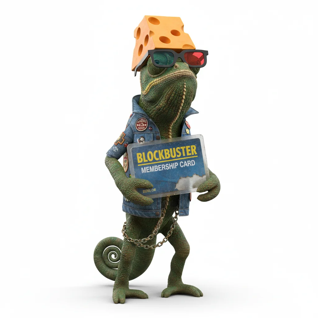 Sparkly Honey, royal, with forest colors, wearing cheese hat, 3d glasses, dressed in jean jacket, holding blockbuster card, From Melbourne, Australia - Create yours free at QR Chameleon