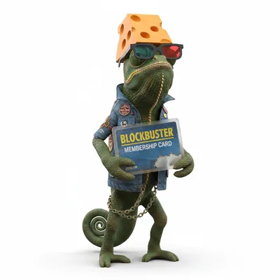 Sparkly Honey, royal, with forest colors, wearing cheese hat, 3d glasses, dressed in jean jacket, holding blockbuster card, From Melbourne, Australia - Create yours free at QR Chameleon