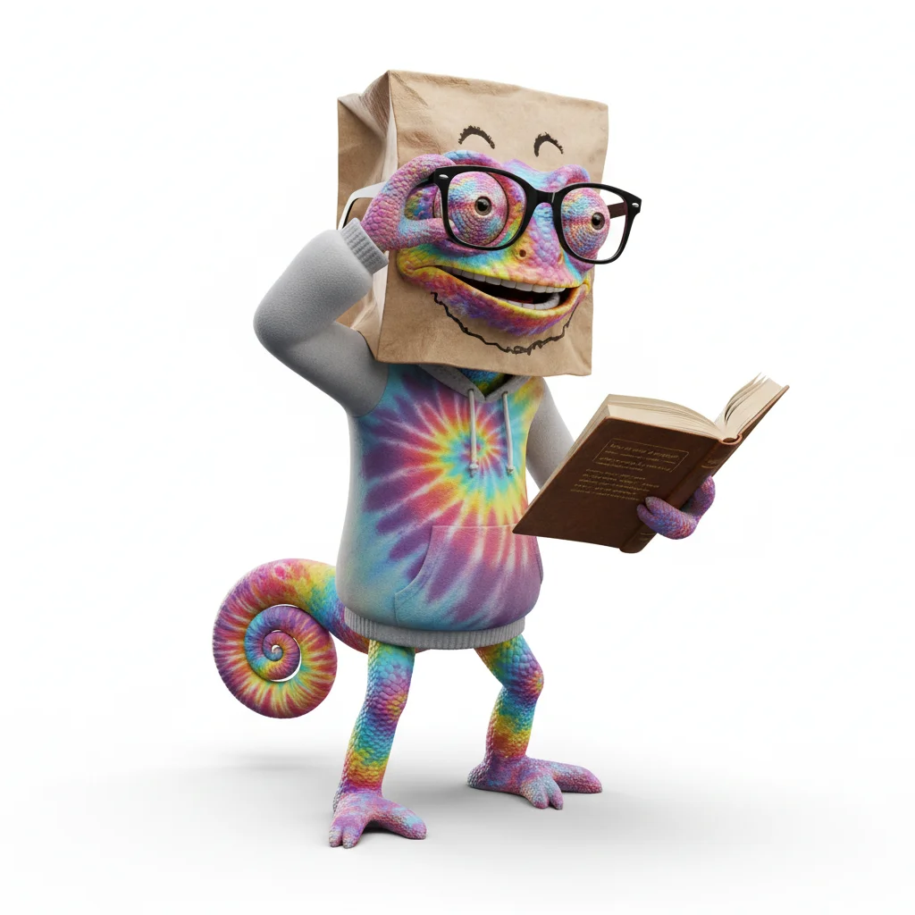 Whimsical Knight, nerdy, with tie dye colors, wearing paper bag, nerd glasses, none, dressed in hoodie, holding book, From Melbourne, Australia - Create yours free at QR Chameleon