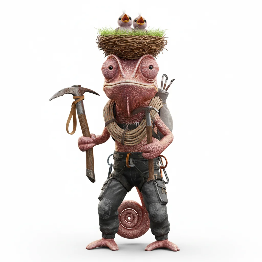 Sonic Ruckus, dreamy, with rose gold colors, wearing birds nest, none, dressed in parachute pants, holding climbing axe, From Dublin, Ireland - Create yours free at QR Chameleon