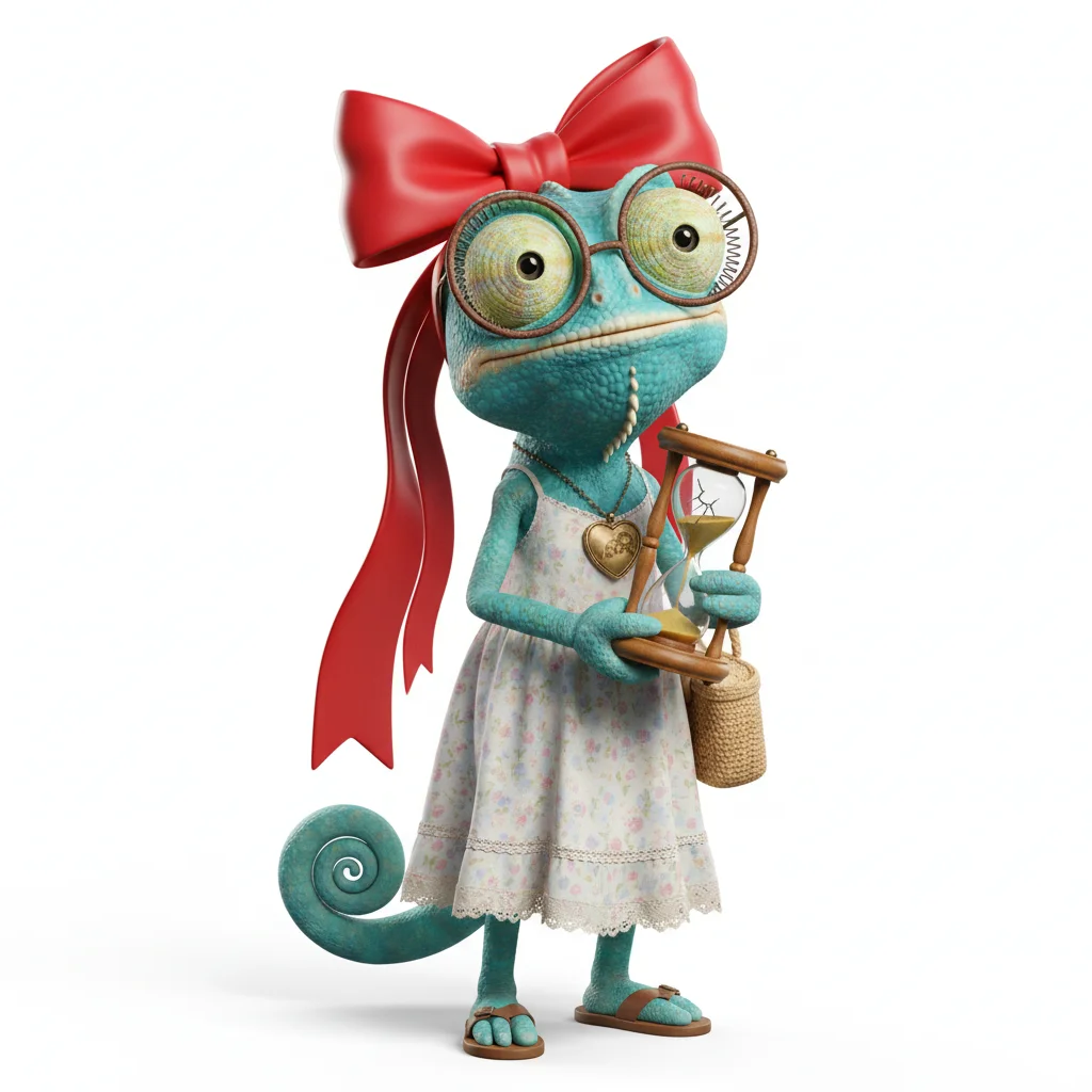 Opal Flash, dreamy, with ocean colors, wearing bow, googly eye glasses, dressed in sundress, holding hourglass, From Nashville, TN - Create yours free at QR Chameleon