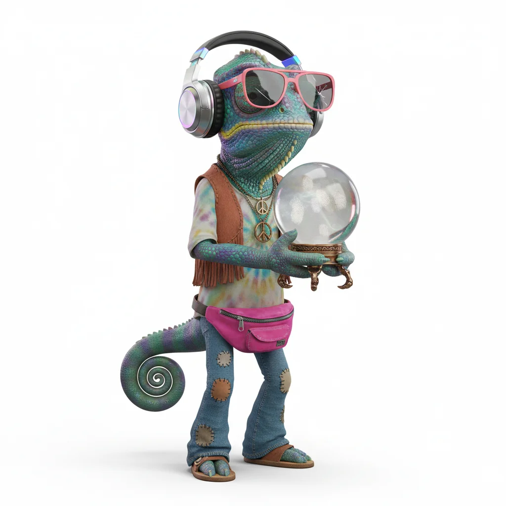 Zany Ivy, calm, with aurora colors, wearing headphones, flipup shades, dressed in hippie outfit, holding crystal ball, From Paris, France - Create yours free at QR Chameleon