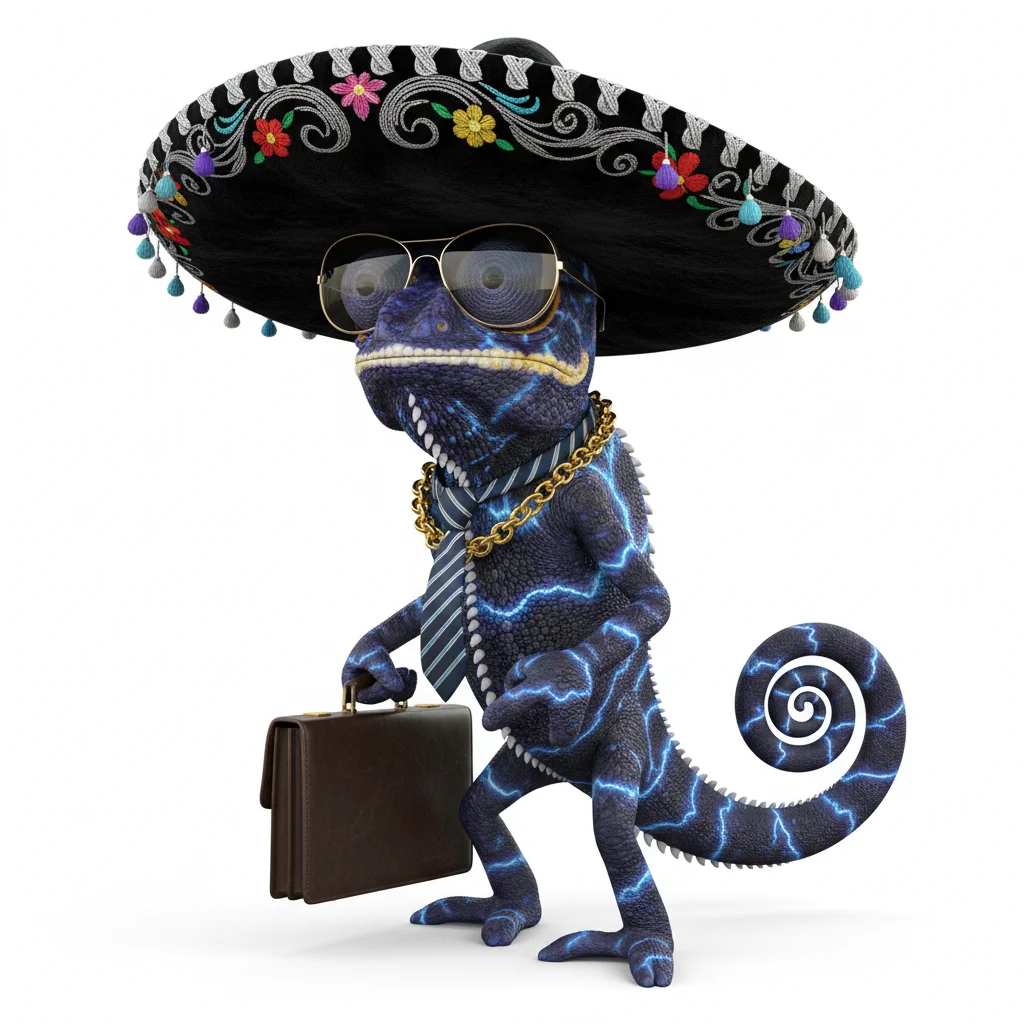Merry Maverick, hyper, with storm colors, wearing sombrero, sunglasses, gold chain, dressed in necktie, holding briefcase, From Austin, TX - Create yours free at QR Chameleon