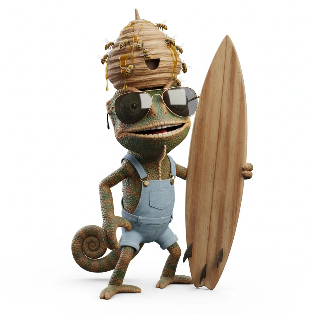 Magnificent Thunder, adventurous, with earth colors, wearing beehive, aviators, none, dressed in overalls, holding surfboard, From Copenhagen, Denmark - Create yours free at QR Chameleon