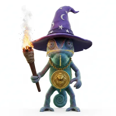 Zesty Solar, suspicious, with aurora colors, wearing wizard hat, monocle, dressed in none, holding flaming torch, From Dublin, Ireland - Create yours free at QR Chameleon