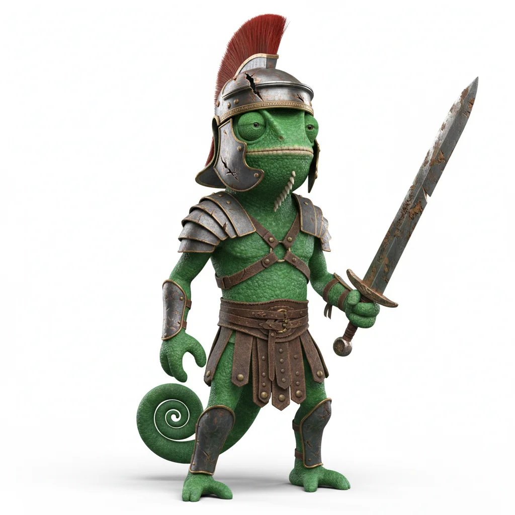 Grand Tracker, bold, with jade colors, wearing roman helmet, none, dressed in gladiator armor, holding sword, From Copenhagen, Denmark - Create yours free at QR Chameleon