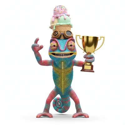 Playful Topaz, chaotic, with coral reef colors, wearing ice cream, goggles, none, dressed in none, holding trophy, From Amsterdam, Netherlands - Create yours free at QR Chameleon