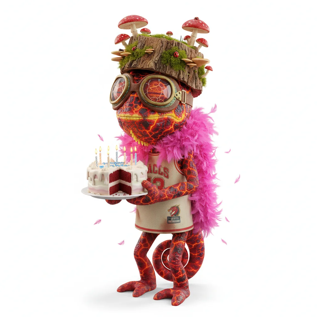 Swirly Jet, zen, with lava colors, wearing log, racing goggles, dressed in sports jersey, holding birthday cake, From Montreal, Canada - Create yours free at QR Chameleon