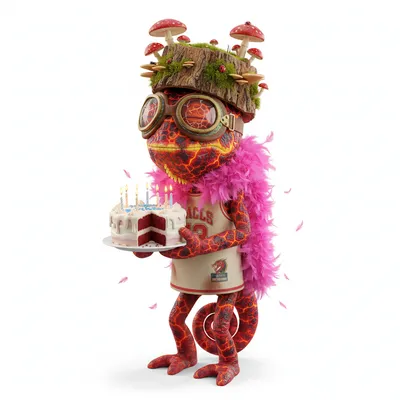 Swirly Jet, zen, with lava colors, wearing log, racing goggles, dressed in sports jersey, holding birthday cake, From Montreal, Canada - Create yours free at QR Chameleon