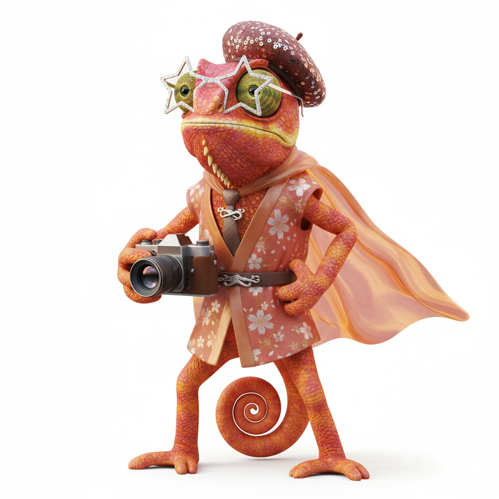 Epic Sphinx, heroic, with sunset colors, wearing beret, star glasses, tie clip, dressed in kimono, holding camera, From Amsterdam, Netherlands - Create yours free at QR Chameleon