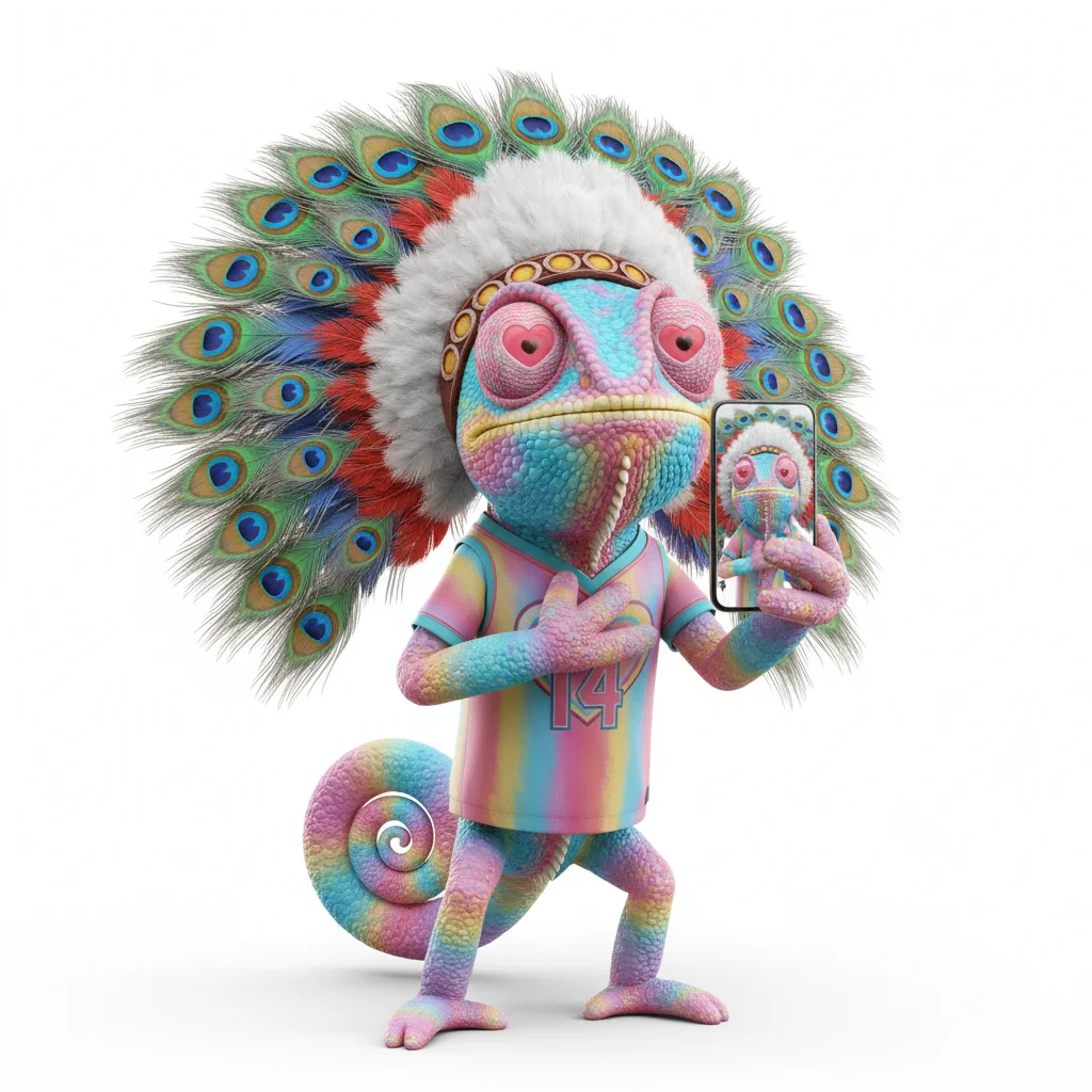 Bold Birch, lovestruck, with candy colors, wearing feathered headdress, none, none, dressed in sports jersey, holding phone, From San Diego, CA - Create yours free at QR Chameleon