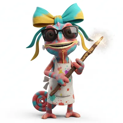 Silver Galaxy, friendly, with coral reef colors, wearing bow, sunglasses, dressed in apron, holding magic wand, From Oak Harbor, WA - Create yours free at QR Chameleon